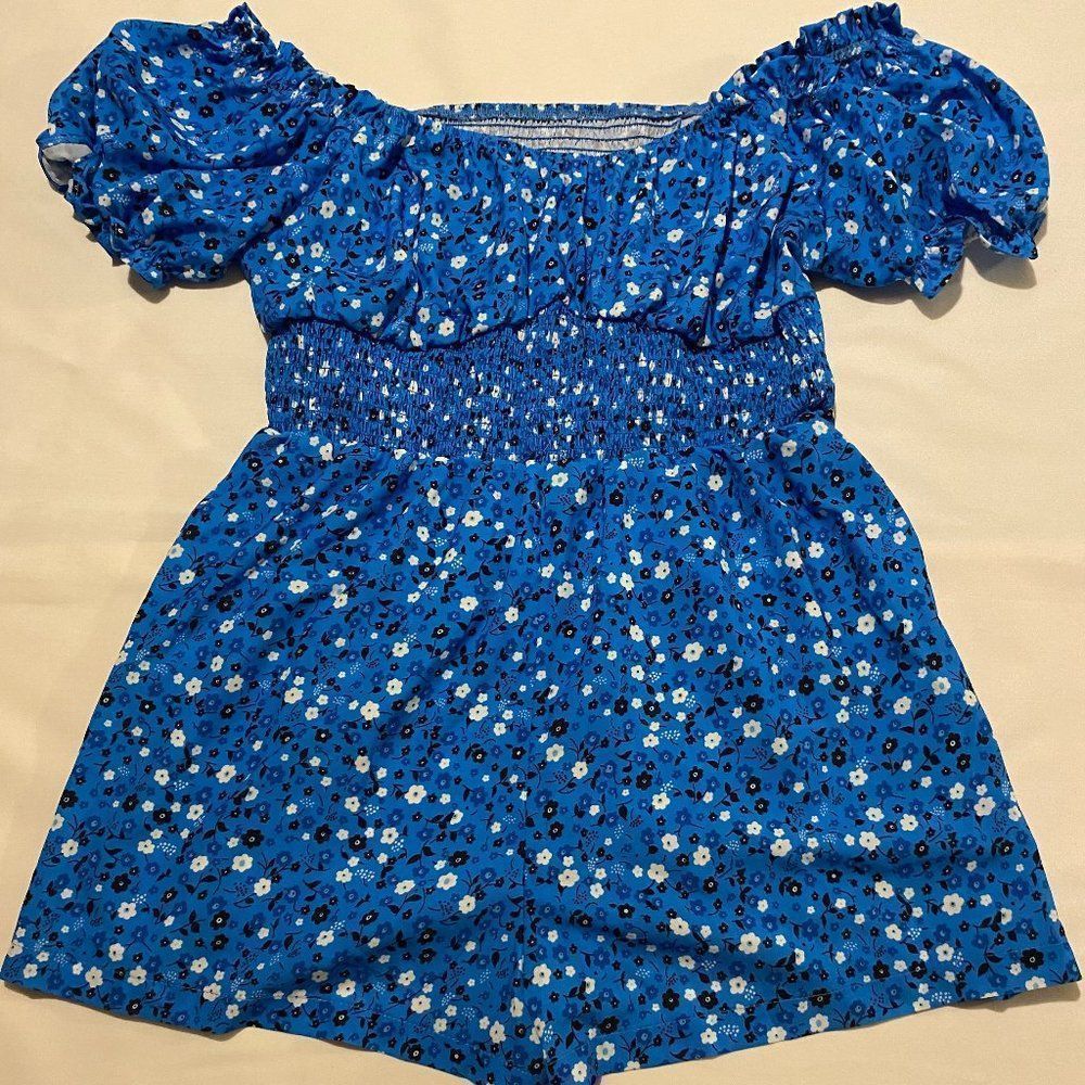 Women's Blue Floral Puff Sleeve Romper B98 Size XL